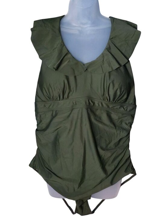 Daci Other - Daci Plus Size Olive Green One-Piece Swimsuit 20W Ruffled V-Neck Ruched Lined